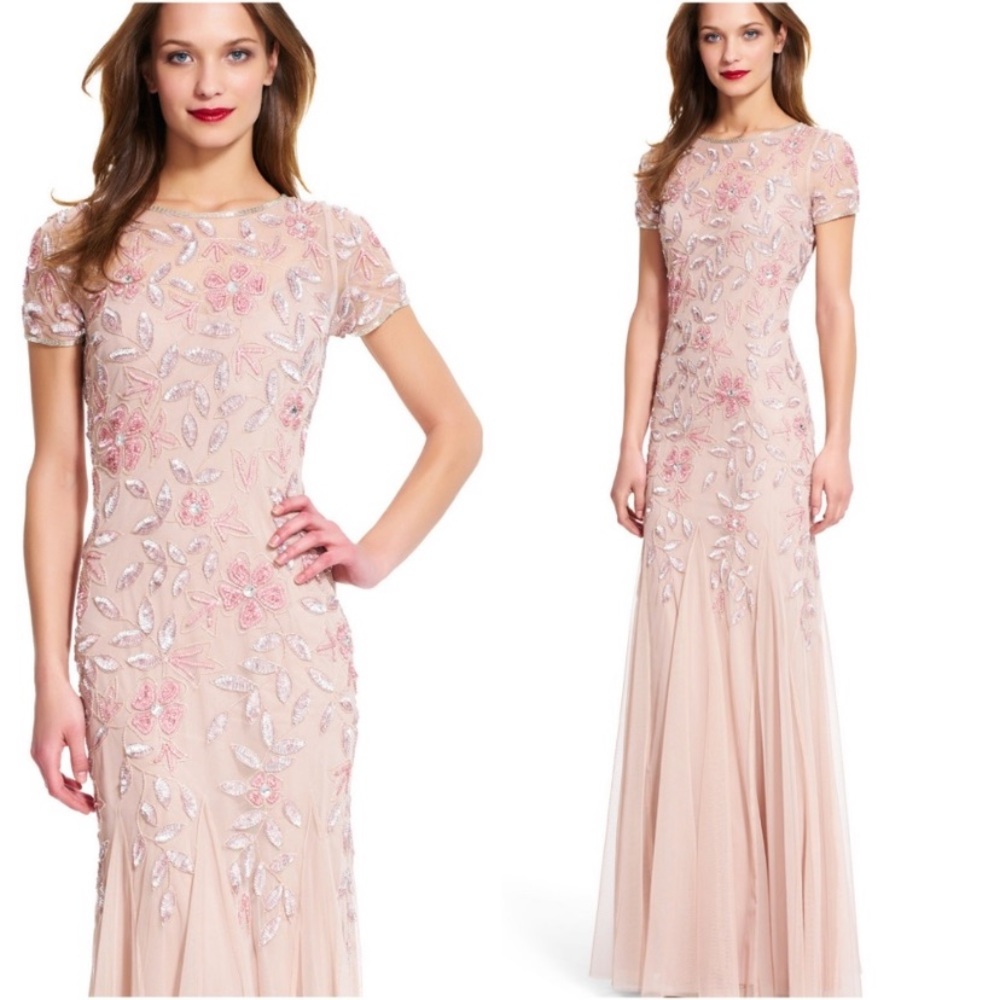 Adrianna Papell beaded short sleeve pink floral gown